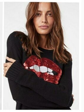 NWOT- Sequin Red Lips Black Sweater
